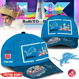 Promotional image showing multiple angles of the Detroit Lions 'Only Here For Benitos Halftime' cap, a tribute to Bad Bunny.
