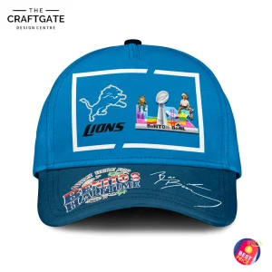Front view of the blue Detroit Lions cap with 'Benitos Halftime' graphic on the front panel and a signed-style brim.
