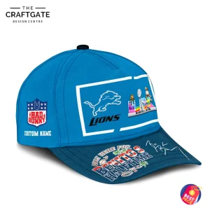 Left side angle of the Detroit Lions halftime cap showing the custom name patch area with a Bad Bunny logo and the main graphic.