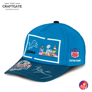 Right side angle of the Detroit Lions cap, featuring the 'Benitos Halftime' design on the front and the customizable Bad Bunny patch.