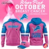 Front and back view of the Detroit Lions Breast Cancer Awareness hoodie in pink and blue, with a matching cap.