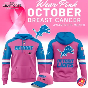 Front and back view of the Detroit Lions Breast Cancer Awareness hoodie in pink and blue, with a matching cap.