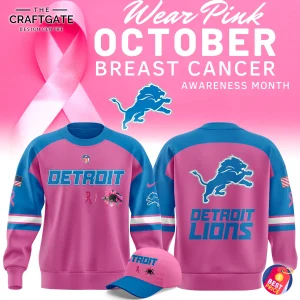 Front and back mockup of the pink and blue Detroit Lions Breast Cancer Awareness crewneck sweatshirt.