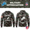 Promotional image for the Detroit Lions Military Appreciation hoodie showing front and back views with official NFL and team logos.