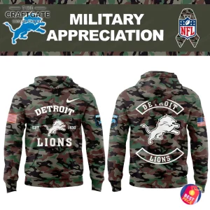 Promotional image for the Detroit Lions Military Appreciation hoodie showing front and back views with official NFL and team logos.