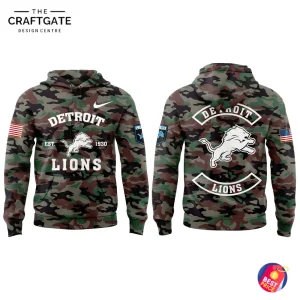 Front and back view of the Detroit Lions Military Appreciation 2025 hoodie, featuring a camouflage pattern and team logos.