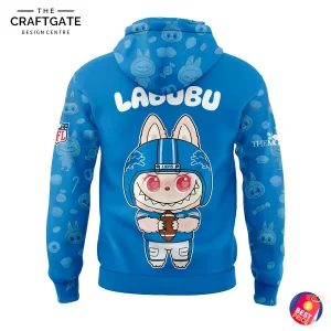 The back of the blue Detroit Lions hoodie with a large graphic of a Labubu character wearing a football helmet and holding a football.