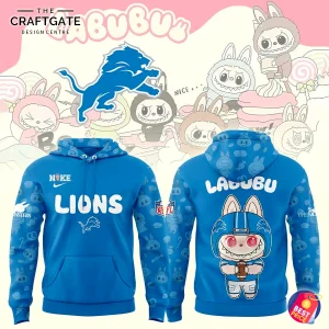 A blue Detroit Lions x Labubu hoodie showing both the front with the Lions logo and the back with a Labubu character graphic.