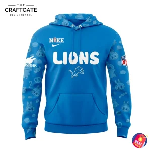 The front of the blue Detroit Lions hoodie featuring the team name 'LIONS' in white text and patterned sleeves with Labubu characters.