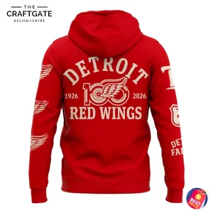 Back view of the red Detroit Red Wings hoodie, showcasing the 100th anniversary logo with "1926-2026" text.