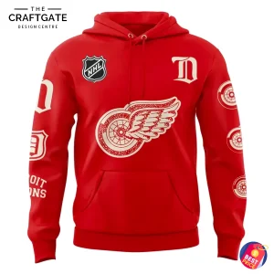 Front view of the red Detroit Red Wings 100th Anniversary hoodie featuring the winged wheel logo, NHL patch, and sleeve details.