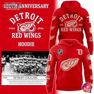 Promotional image for the Detroit Red Wings 100th Anniversary hoodie, showing the front, back, and a vintage team photo.