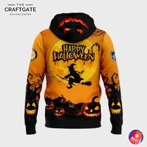 Back view of an orange Detroit Red Wings Happy Halloween hoodie with "Happy Halloween" text over a full moon, witch on a broom silhouette, rows of glowing jack-o'-lanterns and team patches on the sleeves