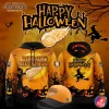 Composite image showing front and back of an orange Detroit Red Wings Happy Halloween hoodie with pumpkin jack-o'-lanterns, full moon, witch silhouette and matching orange cap on a spooky Halloween background