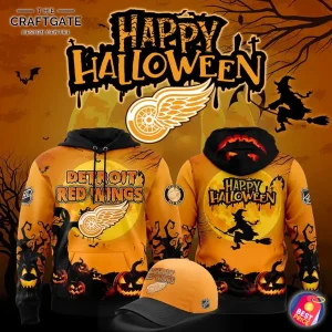 Composite image showing front and back of an orange Detroit Red Wings Happy Halloween hoodie with pumpkin jack-o'-lanterns, full moon, witch silhouette and matching orange cap on a spooky Halloween background