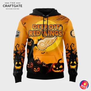 Front view of an orange Detroit Red Wings Happy Halloween hoodie featuring a large moon, winged team logo, dripping "Detroit Red Wings" text, carved pumpkin graphics along the hem and black hood and cuffs