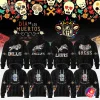Collage of black Día de los Muertos NFL hoodies showing front sugar skull designs and back team logo designs for multiple teams.