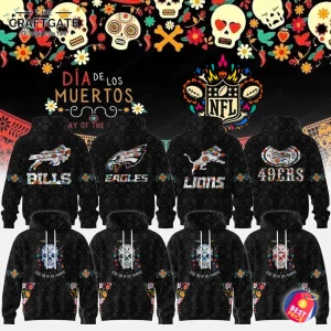 Collage of black Día de los Muertos NFL hoodies showing front sugar skull designs and back team logo designs for multiple teams.