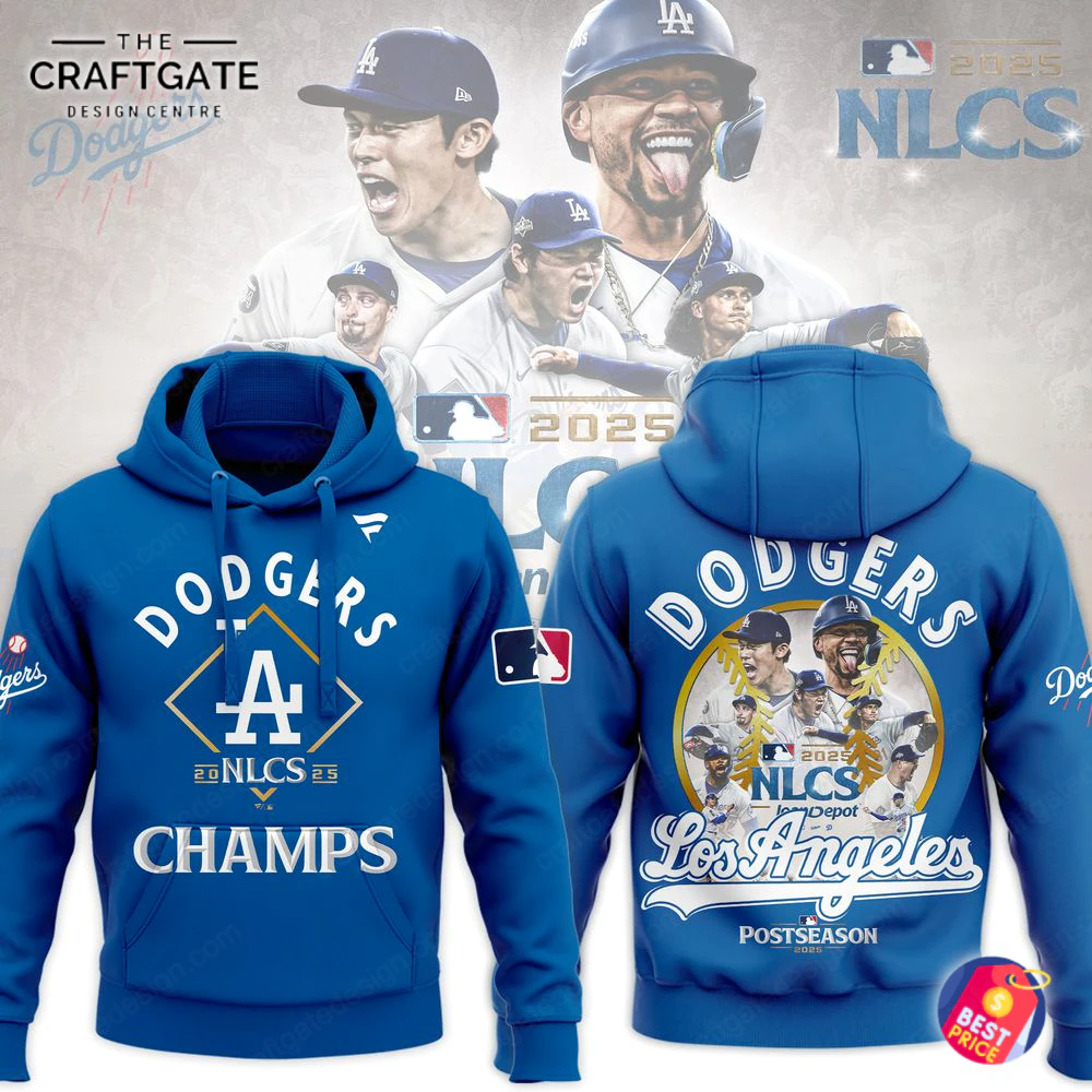 2025 Dodgers ALCS Champs Hoodie - Front View Blue Dodgers hoodie front design with LA emblem and CHAMPS text.