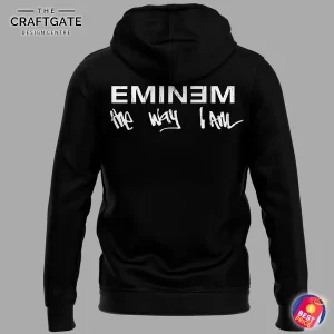 Close-up of the back of the black Eminem hoodie displaying the text "EMINEM the way I Am" in white stylized fonts.