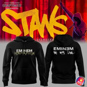 Front and back of the black Eminem hoodie featuring a tribal design on the front and "The Way I Am" text on the back.