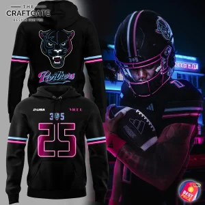 FIU Panthers neon hoodie front and back views next to a football player in a matching neon uniform.