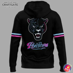 Back of the black FIU Panthers hoodie with a large neon-outlined panther head and Panthers script logo.