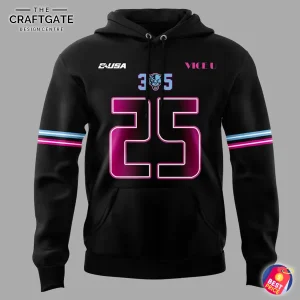 Front of the black FIU Panthers hoodie with a large neon pink number 25 and Vice U and 305 logos.