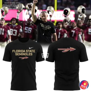 Front and back of the Florida State Seminoles t-shirt with Coach Mike Norvell and players in the background.