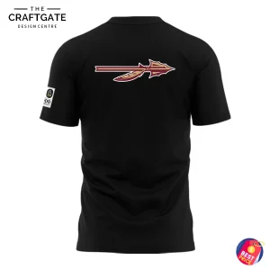 Back of a black Florida State Seminoles t-shirt featuring a large garnet and gold spear graphic across the shoulder blades.