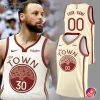 Cream-colored basketball jersey with The Town logo and tree emblem, maroon trim, number 30 on the front.