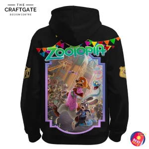 Back of the black hoodie featuring a large, vibrant graphic of Zootopia characters Judy Hopps and Nick Wilde running through the city.
