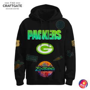 Front of the black hoodie featuring the Green Bay Packers logo and name, alongside various Zootopia-themed patches.