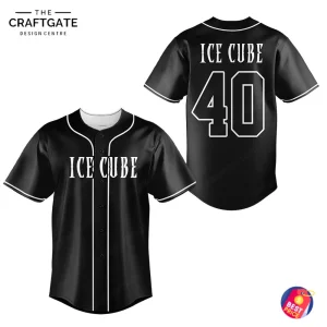 A black custom baseball jersey with white piping. The front says 'ICE CUBE' and the back has 'ICE CUBE' and the number 40.