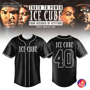 Front and back view of the Ice Cube North America Tour 2025 custom baseball jersey shown below a promotional tour graphic.
