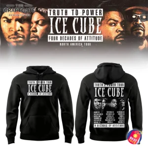Front and back of the Ice Cube tour hoodie below the official "Truth To Power" tour poster graphic featuring photos of the artist.