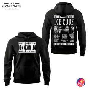A black hoodie for the Ice Cube Truth To Power 2025 tour, showing the front logo and the back design with tour dates and cities.