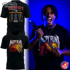 Model wearing the Indianapolis Colts Angry Runs shirt, with front and back views of the t-shirt design shown separately.