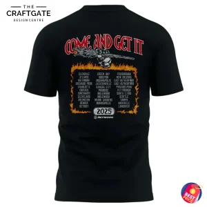 The back of the t-shirt with "Come and Get It" text and a list of NFL cities framed in flames, resembling a concert tour shirt.