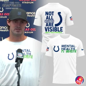 Front and back view of the Indianapolis Colts Mental Health Edition T-Shirt with a player wearing the shirt for context.