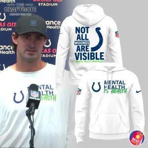 Front and back mockups of the white Indianapolis Colts mental health awareness hoodie, inspired by the shirt worn by players.