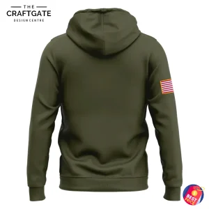 Back of the olive green Iowa State Veterans Day hoodie, showing the hood and the American flag patch on the right sleeve.