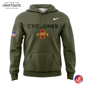 Front of the olive green Iowa State Veterans Day hoodie with Cyclones and State logos, a Nike swoosh, and a US flag on the sleeve.