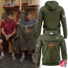 Iowa State wrestlers in a locker room holding the olive green Veterans Day hoodie, shown next to front and back product views.