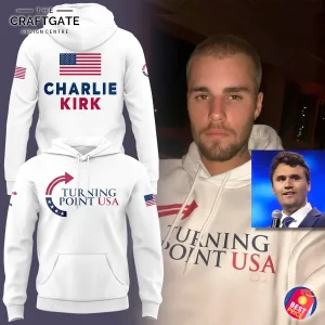 Justin Bieber in a white Turning Point USA hoodie, next to mockups of the front and back showing the Charlie Kirk design.