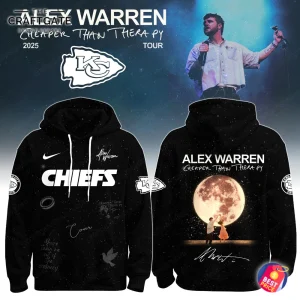 Front and back view of the Kansas City Chiefs x Alex Warren Cheaper Than Therapy Global Tour Hoodie on a promotional background.