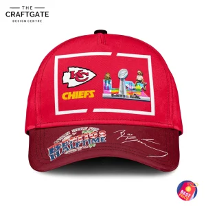 A direct front view of the red and maroon Kansas City Chiefs cap featuring the "Only Here For Benito's Halftime" design.