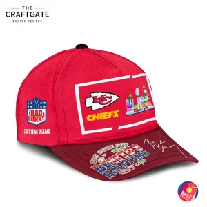 A left-side view of the Kansas City Chiefs cap, showing the Bad Bunny logo and the custom name area on the side panel.