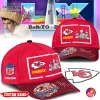 A promotional image showing multiple angles of the Kansas City Chiefs and Bad Bunny themed cap with custom name option.