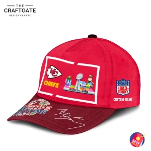 A right-side view of the Kansas City Chiefs cap, highlighting the front design and the custom name option on the side.